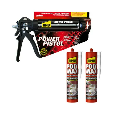 Picture of Pack UHU Power Pistol - 2 cartridges of Polymax Instant Set Mastic White - 2x425 g