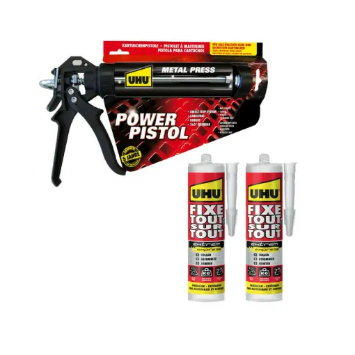 Picture of Pack UHU Power Pistol - 2 cartridges of Extrem Express Invisible All Over All Fixed Glue - 2x300 g