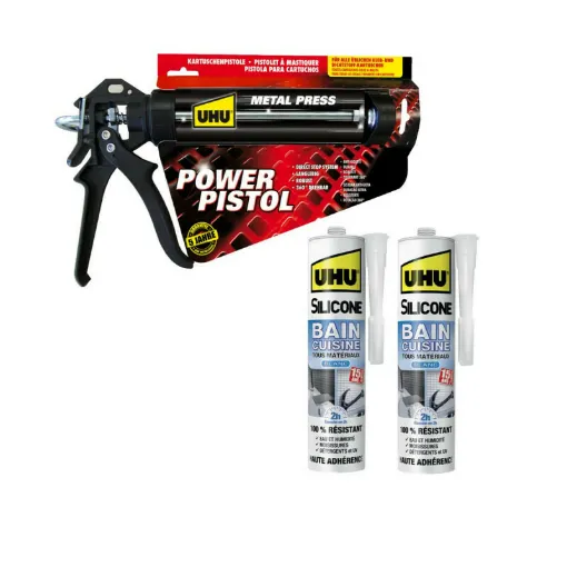 Picture of Pack UHU Power Pistol - 2 cartridges of silicone sealant Bath & Kitchen 2H White - 2x300ml