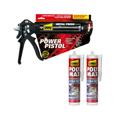 Picture of Pack UHU Power Pistol - 2 cartridges of Extra Strong Polymax Invisible putty - 2x300 g