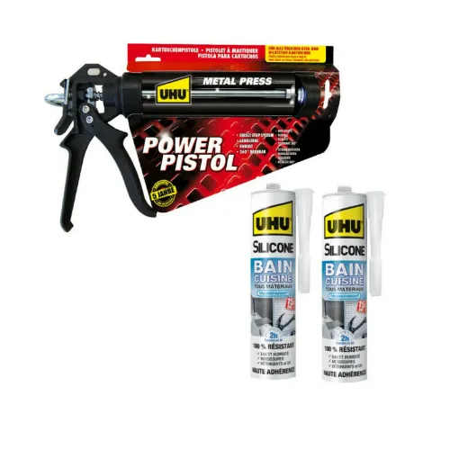 Picture of Pack UHU Power Pistol - 2 cartridges of silicone mastic Bath & Kitchen 2H Clear - 2x300ml