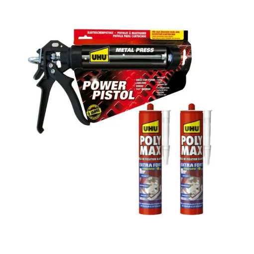 Picture of Pack UHU Power Pistol - 2 cartridges of Extra Strong Polymax white mastic glue - 2x425g