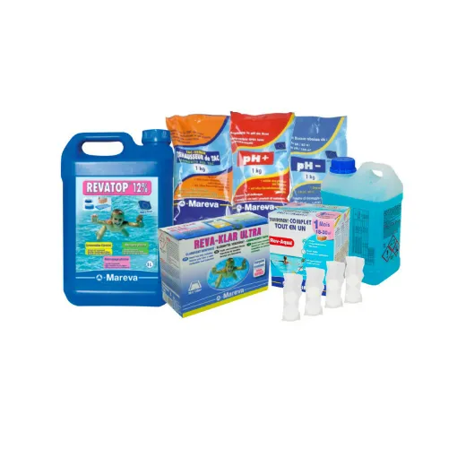 Picture of MAREVA Pack Rev-Aqua Kit 18 to 30 m3 - Ravatop 12% algaecide - Reva-klar clarifying cartridges - pH+ stabilizer - TAC bo