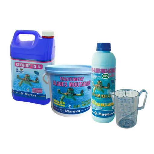 Picture of MAREVA mustard algae treatment pack for swimming pools - Disinfectant - Clarifier - Measuring jug