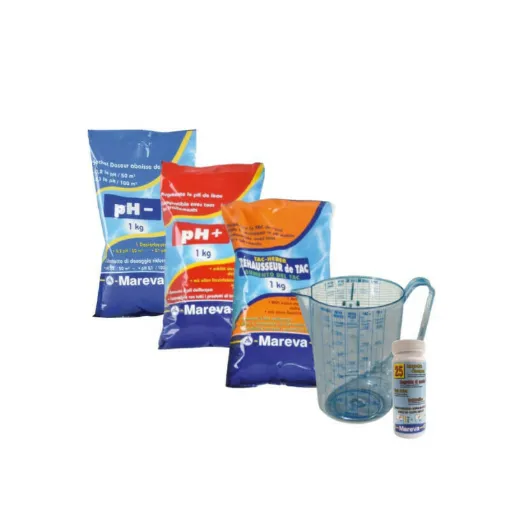 Picture of MAREVA balancing pack for swimming pool water - pH reducer and booster - TAC booster - Revacil tabs - Measuring jug