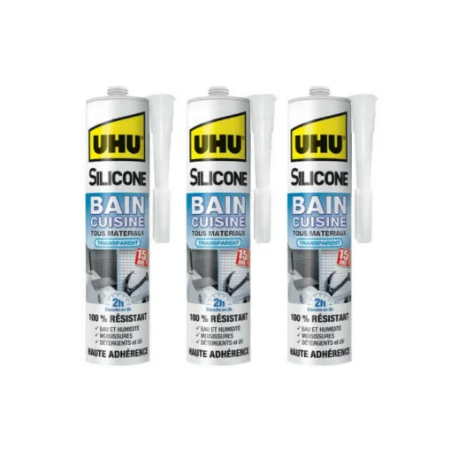 Picture of Set of 3 UHU Silicone Mastic Bath Kitchen 2H Transparent Cartridge - 300ml