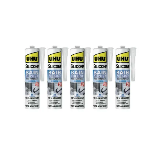 Picture of Set of 5 UHU Silicone Sealants Bath Kitchen 2H White Cartridge - 300ml