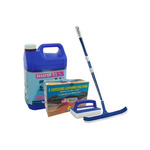 Picture of MAREVA green water cleaning pack for swimming pool - Revatop - Clarifying cartridge - 2 brushes - Broom handle