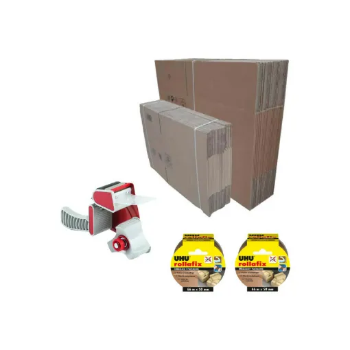 Picture of Moving pack - 2 UHU Rollafix brown packing tapes - 1 dispenser - 40 boxes