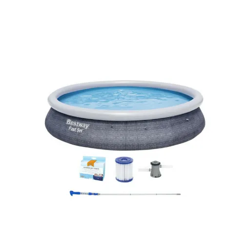 Picture of Pack BESTWAY Round self-supporting pool - Fast Set - 396 x 84 cm - Rattan pattern - Cordless vacuum cleaner - Water trea