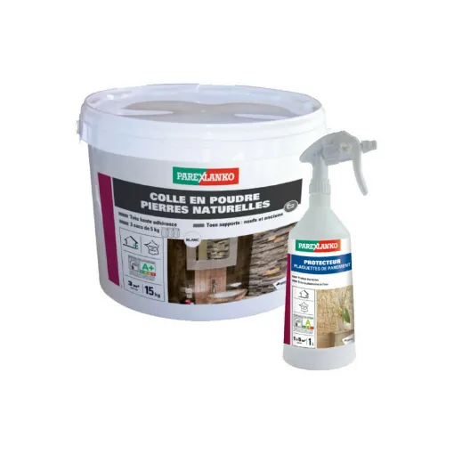 Picture of Pack PAREXLANKO - Natural stone glue - 15kg - Protector for facing stones - 1L