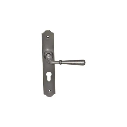 Picture of Door handle on narrow plate with classic key Beynac model - Patinated iron