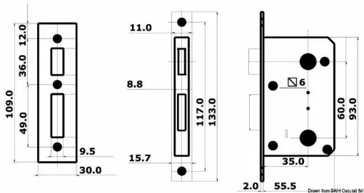 Picture of Dimensions: 94x57x11.5 mm. For door thickness 16/38 mm.