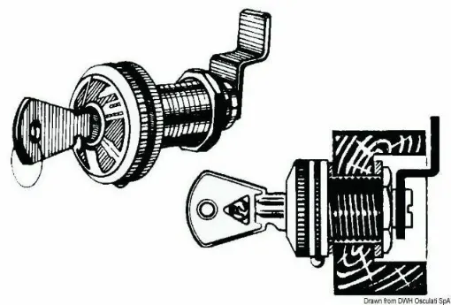 Picture of With a 90Â° rotation of the rear rod, rotating a serrated ring under the flange is achieved (the rotation is free). To lock the rod, a side button is pressed. Unlocking is only possible by inserting the key. The advantage is that the lock can be used without a key. It comes with 3 rods of 16/20/25 mm for different thicknesses. It is made of nickel-plated brass, including springs.