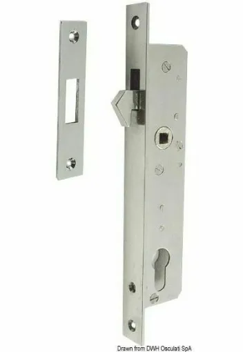 Picture of In stainless steel. Complete with strike plate, Yale-type cylinder, and flat handle. Its low depth makes it very suitable for doors with thin profiles.