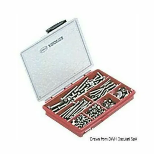 Picture of Measurements: A2 AISI 304 175x145x32 mm. Total pieces: 600. Content: 90 self-tapping screws (DIN 7981).