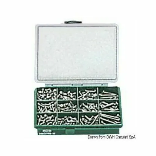 Picture of Dimensions: A2 AISI 304 175x145x32 mm. Total pieces: 390. Content: 46 hexagonal head screws (DIN 933).