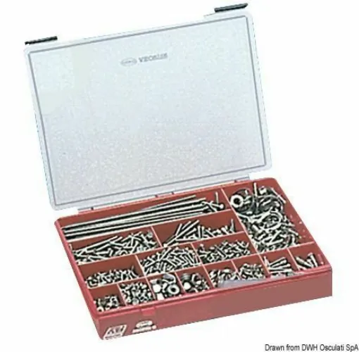 Picture of Dimensions: A2 AISI 304 340x260x57 mm. Total pieces: 2000 pieces. Content: 192 self-tapping screws (DIN 7981).