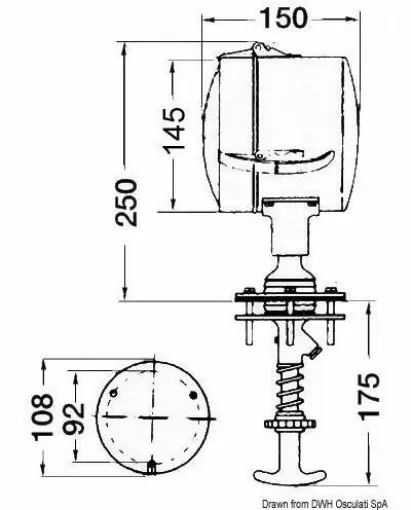 Picture of All made of stainless steel and chrome-plated brass. Watertight seal, nylon ball joint adjustable in all directions, frictionable, very small and comfortable control handle. Supplied with watertight G.E. bulbs. - Internal control lighthouse 24 V 185 mm - 13.342.24 - Oem