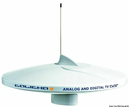 Picture of Digital terrestrial TV antenna, complete with automatic amplifier (AGC Automatic Gain Control) that amplifies the signal gain when necessary and built-in LTE filter. It has 2 TV outputs but thanks to an optional switch, it allows the connection of an additional onboard television or a television and an AM/FM radio reception.