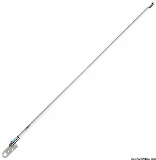 Picture of VHF antenna, 1.0 m length, frequency 156-162 MHz, power 50W, gain 3dB. Fiberglass mast, chrome-plated brass tip specifically designed for installing Windex 15 (35.388.02 not included). Allows for space-saving by installing VHF antenna and Windex at the same point on the mast. Supplied with a 3 mm thick stainless steel bracket. Supplied with a female N-type connector.