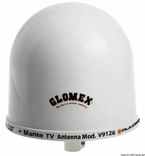 Picture of This antenna provides excellent signal in both horizontal and vertical polarizations thanks to the container antenna that allowed the installation of the vertical element inside. Complete with the innovative automatic gain control signal amplifier powered at 12/24 V. 20 m coaxial cable. With input for two televisions, via aerial, cable, or VCR. Mounting base included.