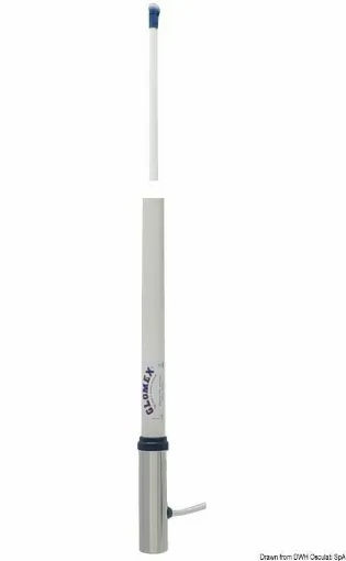 Picture of White fiberglass antenna for VHF radios, 2.40 m in length, complete with 4.5 m of RG-58 coaxial cable and chrome-plated brass end connector. 6 dB gain. Maximum input power 100 W. Model particularly suitable for motorized hulls. Metal parts in chrome-plated brass. Base not included.