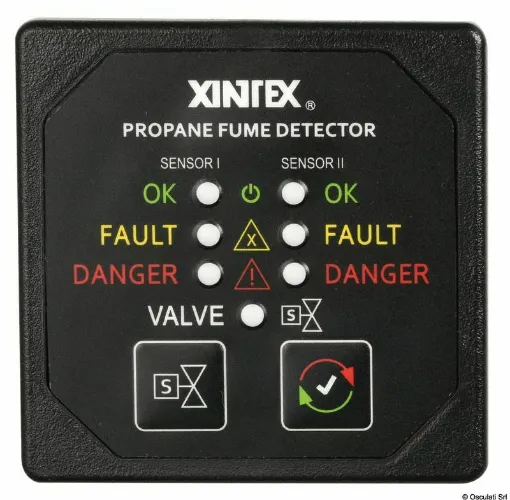 Picture of Complete with 2 sensors to be placed wherever convenient and a solenoid valve. In case of gas leakage, it activates a LED light signal + a 68 dB sound alarm and closes the gas through the solenoid valve.