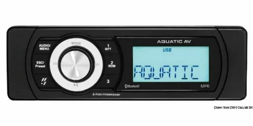 Picture of Supported devices: Bluetooth/USB/MP3/AM/FM/DAB (via adapter 29.548.83)/AUX (via rear USB connector). - Waterproof MP6 player - 29.548.81. - Aquatic Av