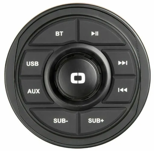 Picture of Amplifier with direct controls on the dashboard. Receives music signal from any Bluetooth device (Smartphone, Tablet, etc.). Input: Bluetooth, AUX, and USB (AUX and USB ports are located on the back of the amplifier). Water-resistant and ideal for being placed directly on the dashboard. Separate output and direct control buttons for Subwoofer. Power: 4x45W. Voltage: 12V. Central knob for easy volu