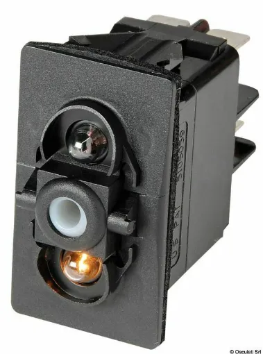 Picture of IP56 Waterproof. They require a rectangular hole measuring 21.5x36.8 mm for installation. Maximum capacity of 20 A at 12V and 15 A at 24V. Complete with dual lighting: one that illuminates the symbol of the connected user, always on (to be visible in the dark), the second that illuminates a designated slot under the symbol, which lights up as an indicator when the user is activated. The switch nee