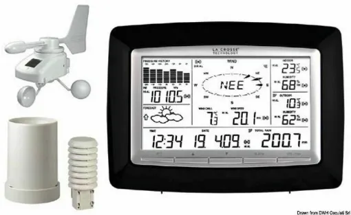 Picture of Complete with external sensors for temperature, humidity, wireless radio-controlled anemometer, and pluviometer. Provided information: 1) hour and date, calendar with day/month/year.