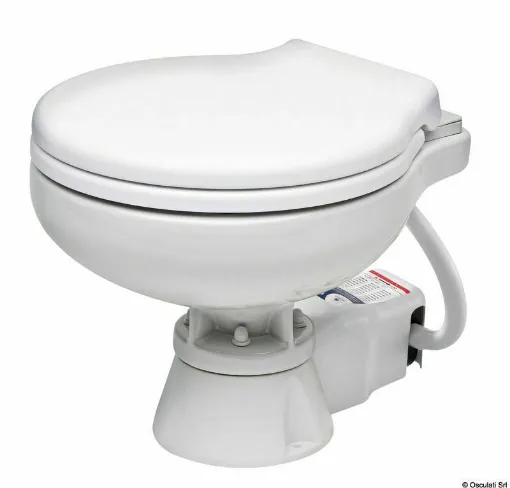 Picture of Equipped with a special silent self-priming pump that reduces the typical noise of electric toilets by 80%. Permanent magnet motor, built-in macerator. Inlet tube 19 mm (3/4"), outlet 25/38 mm (1" - 1" 1/2"). Control panel included. White ceramic bowl, Soft Close technopolymer seat. 360Â° adjustable discharge fitting. - Electric Silent Space Saver 12V WC - 50.245.12 - Oem