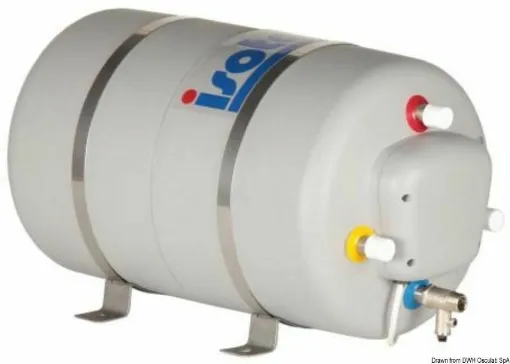 Picture of Internal tank and corrugated coil in stainless steel AISI 316. Outer casing in gray polypropylene. Electric resistance in copper-nickel plated, 750 W at 220 V. Safety valve set at 6 bar. Insulation with CFC-free expanded polyurethane. Fixing brackets in stainless steel AISI 304. Thermostatic mixer 50.189.58 to be purchased separately.