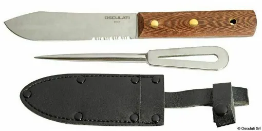 Picture of Stainless steel knife, awl with bottle opener, and leather sheath with belt attachment, practical and robust.