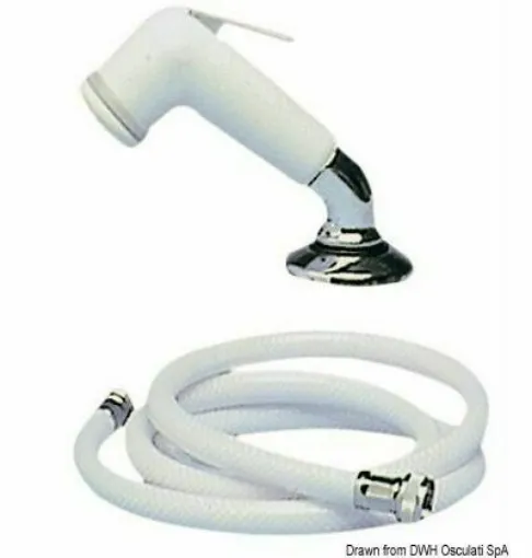 Picture of In white ABS with a 45Â° chrome-plated brass curve, chrome-plated brass + nylon snap-in support, and a white tube with polyester reinforcement. Pressing the spring button releases the water, lifting it creates a continuous jet without having to hold it down. Highly recommended for small boats or outdoor sinks.