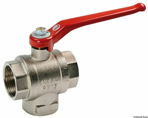 Picture of Diverter, body in nickel-plated brass. Red painted lever control. Working temperature from -10Â° to +100Â°. For water systems, gasoline, heating, and non-corrosive fluids. - Brass 3-way ball valve 3/8 L - 17.229.00. - Oem