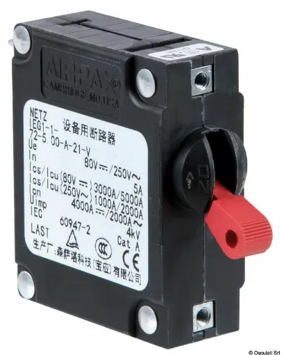 Picture of Expressly designed for marine use. The switch instantly disconnects in case of a strong overload (e.g. short circuit), while for overloads up to 50%, it remains inserted for a few seconds so that if it is connected to an occasional event, it has time to return within the limits without interrupting the current. In case of a short circuit, the switch cannot be reset unless the problem is eliminated