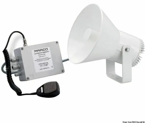 Picture of Easy-to-assemble electronic trumpet, as it only requires two wires to be connected from the horn to the control unit. Equipped with a polished stainless steel support bracket. Provided with a voice amplifier device to transmit vocal messages + automatic fog signal + VHF input, complete with microphone. RINA approved for recreational and work vessels from 12 to 20 meters.