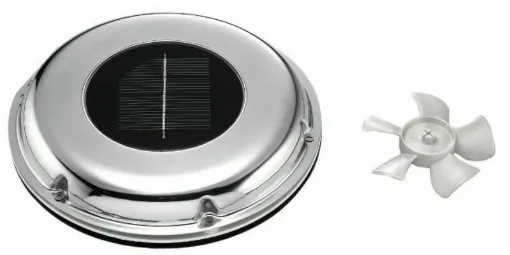 Picture of It represents the most advanced solar-powered ventilation system. Mirror-polished stainless steel cover. ON-OFF switch. The ventilator is equipped with rechargeable NiMH batteries which, by accumulating energy during the day, ensure a 30-hour operation even without sunlight. Comes with two DX/SX fans that allow you to choose whether to let the air in or out.