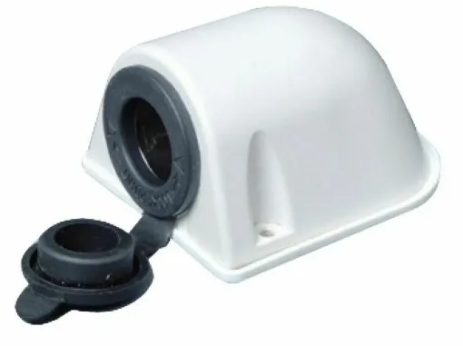 Picture of Completely waterproof, both with the grip closed by the supplied hood, and when the plug is inserted, which is equipped with a special waterproof collar and a "lock-in" system that allows locking the plug by rotating it. Complete with plastic casing and base seal, for flat or ceiling mounting. - White cigarette lighter socket - 14.517.06 - Oem