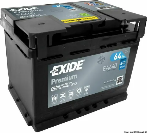 Picture of +30% more power at startup compared to a standard battery. Increased battery life under operating conditions at high temperatures. Double thermowelded sealed cover for maximum safety. Exide patented labyrinth system that facilitates the reflux of acid particles preventing leakage. Absolutely maintenance-free. Tilted up to 60Â°. Increased reserve capacity thanks to the use of plates with increased