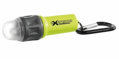 Picture of It can be attached to the life jacket using the carabiner or used as a small flashlight. Functions: steady light or flash. Submersible up to 1 m. Rotary switch for turning on.