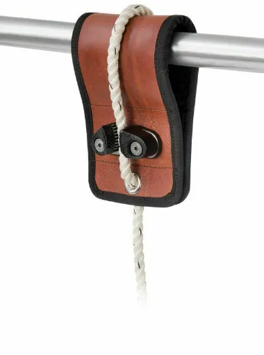 Picture of Mobile hook for hanging fenders. Externally covered in leather, it fits all handrails or tubular up to 50 mm in diameter. The inner wool coating prevents it from slipping and avoids scratches. The closure is made by means of wide Velcro strips that join the end part. By means of the throttling device with steel teeth in polished stainless steel Delrin cheeks, suitable for ropes with a diameter fro