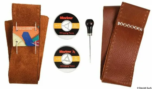 Picture of Leather wheel cover kit, suitable for wheels with a 22 mm diameter tube and up to 120 cm diameter wheels. Display blister containing everything needed to cover the wheels with leather. You can choose the sewing side for a smooth or suede effect. Kit contents: - 2 pre-punched leather strips with pre-made center wheel stitching.