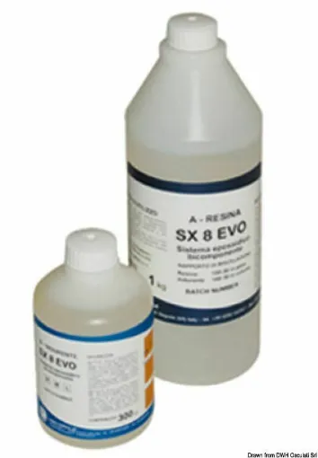 Picture of Low viscosity SX8 epoxy system for manual lamination, vacuum, and infusion. Formulated to improve wettability characteristics for wood, glass, carbon, and aramid fibers. Once cured, it offers excellent mechanical properties and high elongation. Two versions of medium and fast hardeners are available, with the possibility of incorporating cellulose microfibers and glass microspheres to obtain putti