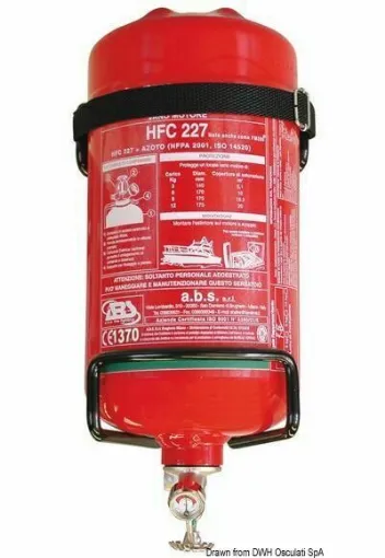 Picture of Approved by RINA, CE automatic extinguishing gas system with ecological gas. This product replaces Halon 1301 and acts by saturating the environment. Unlike extinguishing powder, it leaves no residue, so even in case of accidental release, there is no need to restore the entire mechanical and accessory system clogged with extinguishing powder. The kit consists of: gas-filled cylinder HFC-227 or FK