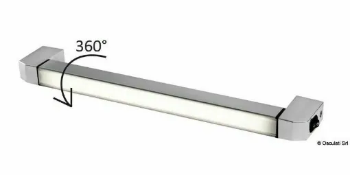 Picture of 360Â° adjustable LED bar in chrome-plated aluminum with a polycarbonate lens. Ideal as under cabinet lighting. The rotation allows for creating either direct or diffused lighting depending on the need. Easy installation with the application of two adhesives that allow for precise centering of the mounts without the need for a template.