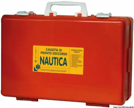 Picture of Suitable for recreational boats, small fishing or personal use. It has a specific space reserved for prescribed medicines in various legislations. It is a watertight box, dimensions: 38x26x14 cm. Contents: - 6 sterile gauze 18x40 cm.